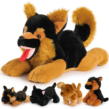 Beniny 5Pcs German Shepherd Stuffed Animals Dog Set - Mommy Black Large German Shepherd Plush 20 Inch With 4 Puppies -Stuffed Ge