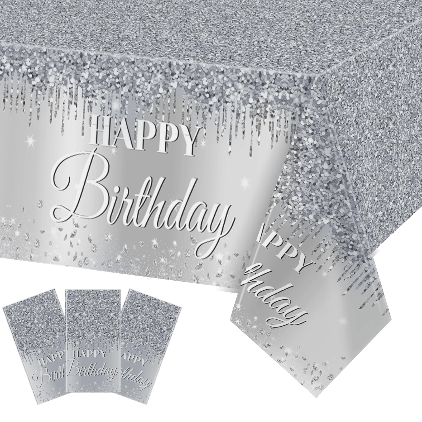 Silver Happy Birthday Party Decorations Silver Theme Table Covers Silver Glitter Birthday Party Tablecloths Supplies Diamonds Silver Party Tablecloths For Baby Shower Wedding Birthday Parties Supplies