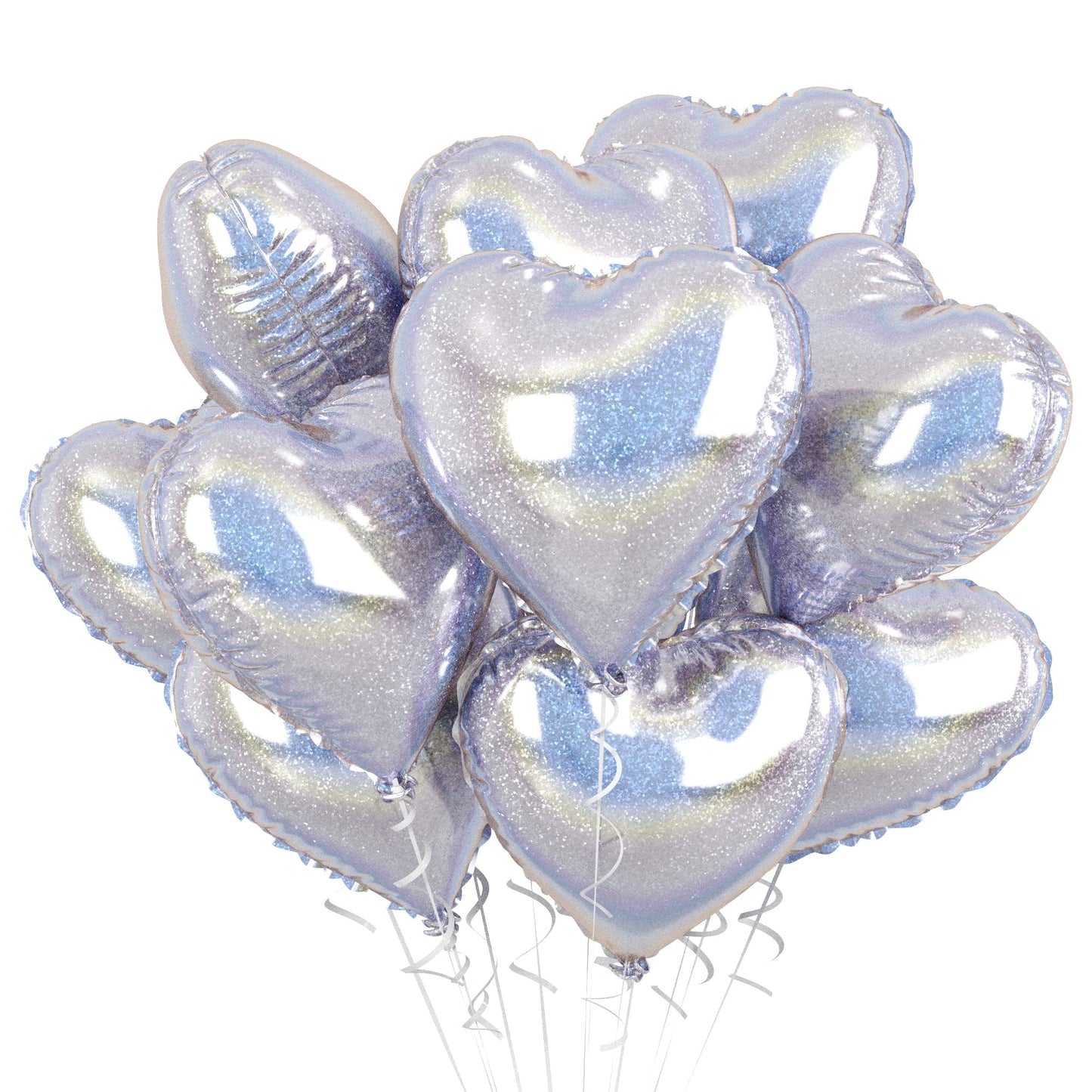 Glitter Silver Foil Heart Balloons, 10Pcs Silver Heart Shape Balloons, Valentines Balloons 18Inch Love Foil Balloons Helium For