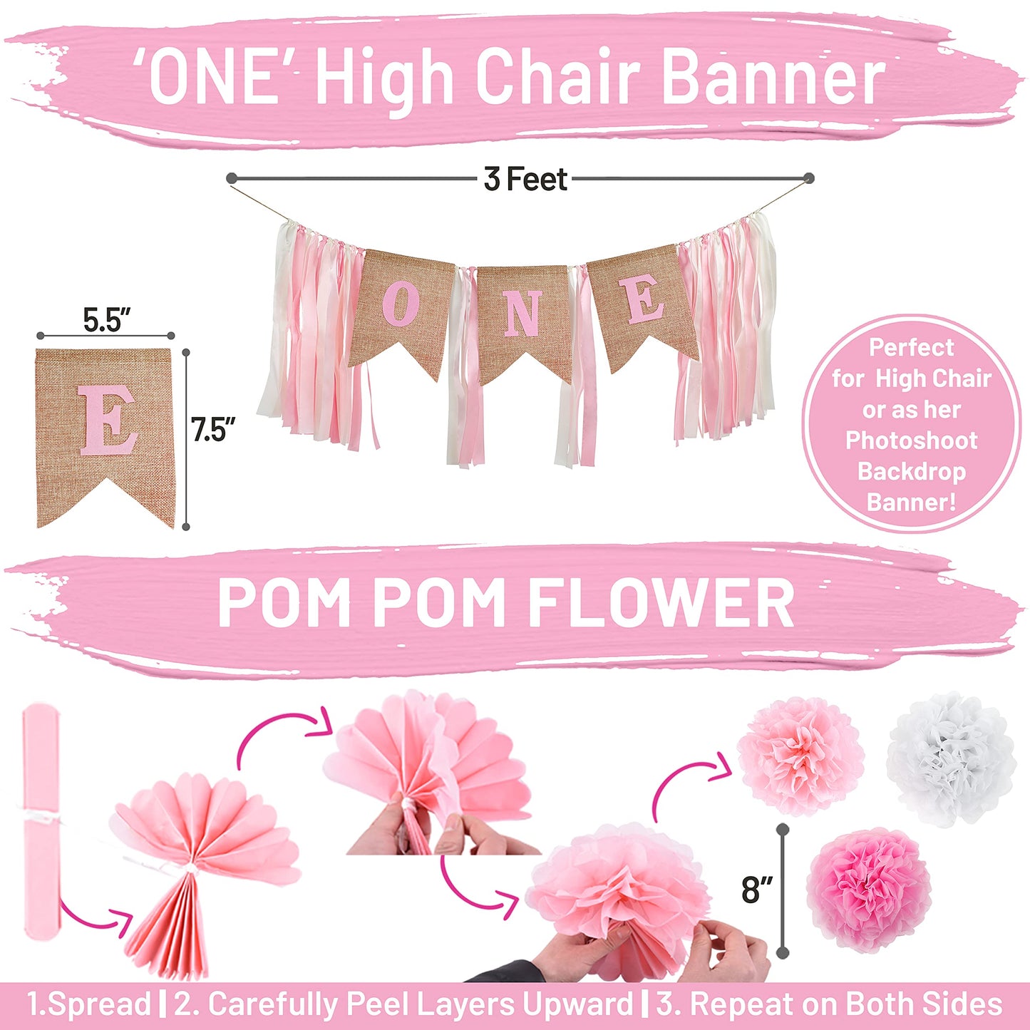 1st Birthday Girl Decorations WITH Birthday Crown- Baby First Birthday Decorations Girl - Pink and Gold Party Supplies - One Bal