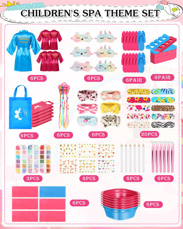 Suhine 6 Set Spa Party Supplies For Girls, Kids Satin Robes Nail Salon Kit Spa Kit Accessories For Birthday Party Favors (Peacoc