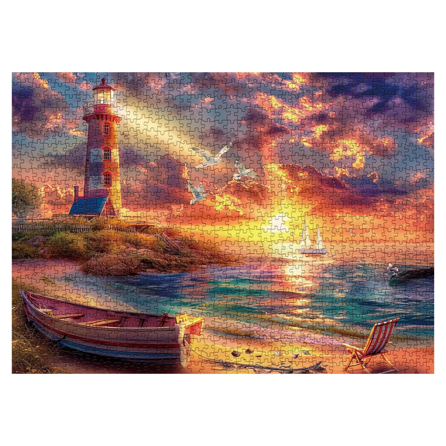 Beach Ocean Lighthouse Puzzle For Adults 1000 Pieces Nature, Summer Sunset Landscape Jigsaw Puzzle, Sailboat Scenery Puzzle