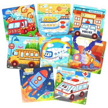 Zeoddler Wooden Puzzles For Toddlers, 8 Pack Vehicle Jigsaw Puzzles For Kids3-5, 9 Pieces Preschool Learning Activities, Learnin