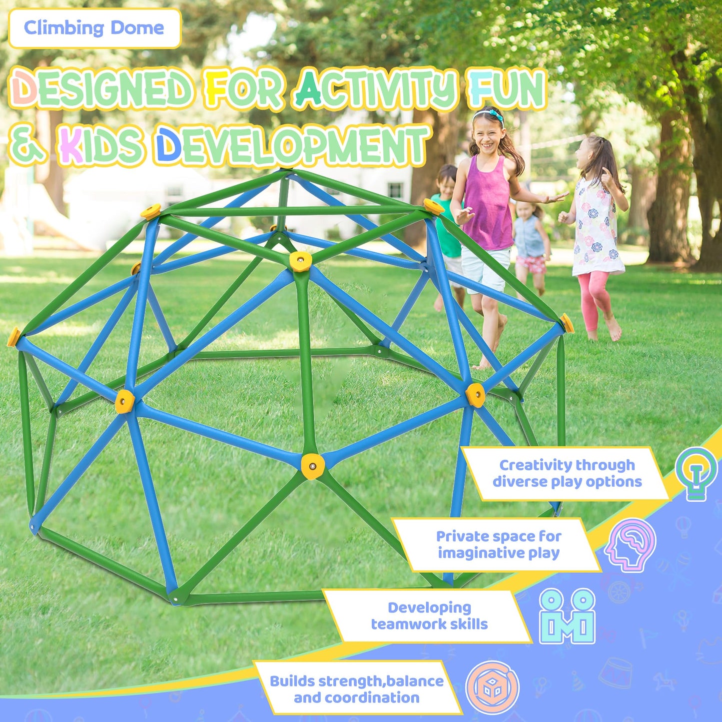 Gardenature 6FT Climbing Dome for Kids, Blue & Green, Galvanized Steel, ASTM Approved, Indoor/Outdoor Jungle Gym, Supports 440 Lbs