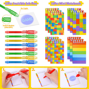 Keleno 76 Pcs Building Block Birthday Party Favors Supplies Invisible Ink Pen Notebook Straw Box Goodie Bag Stuffer Kids Boys To