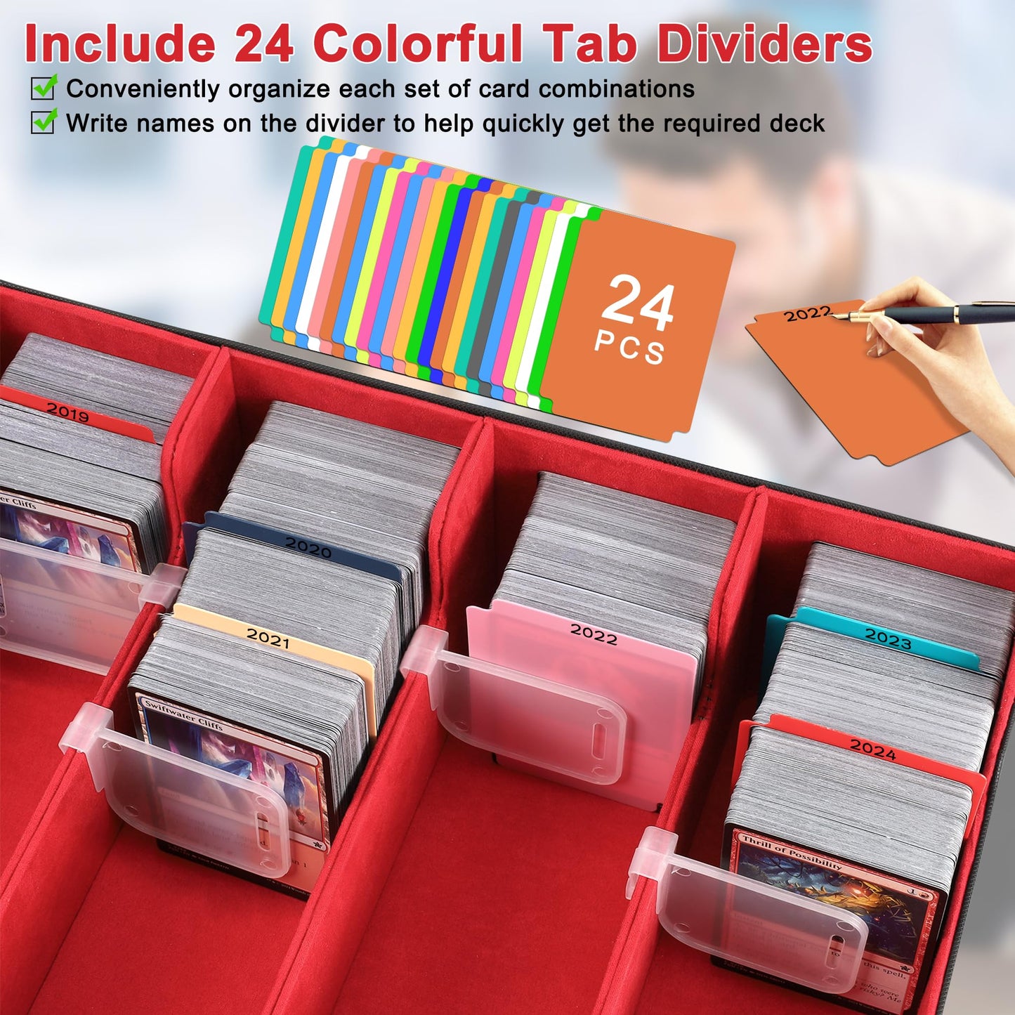 Card Deck Storage Box for Trading Cards 3000+MTG Deck Box with 24 Colorful Divider Tabs 4 Divider and Dice Box, Card Supporters