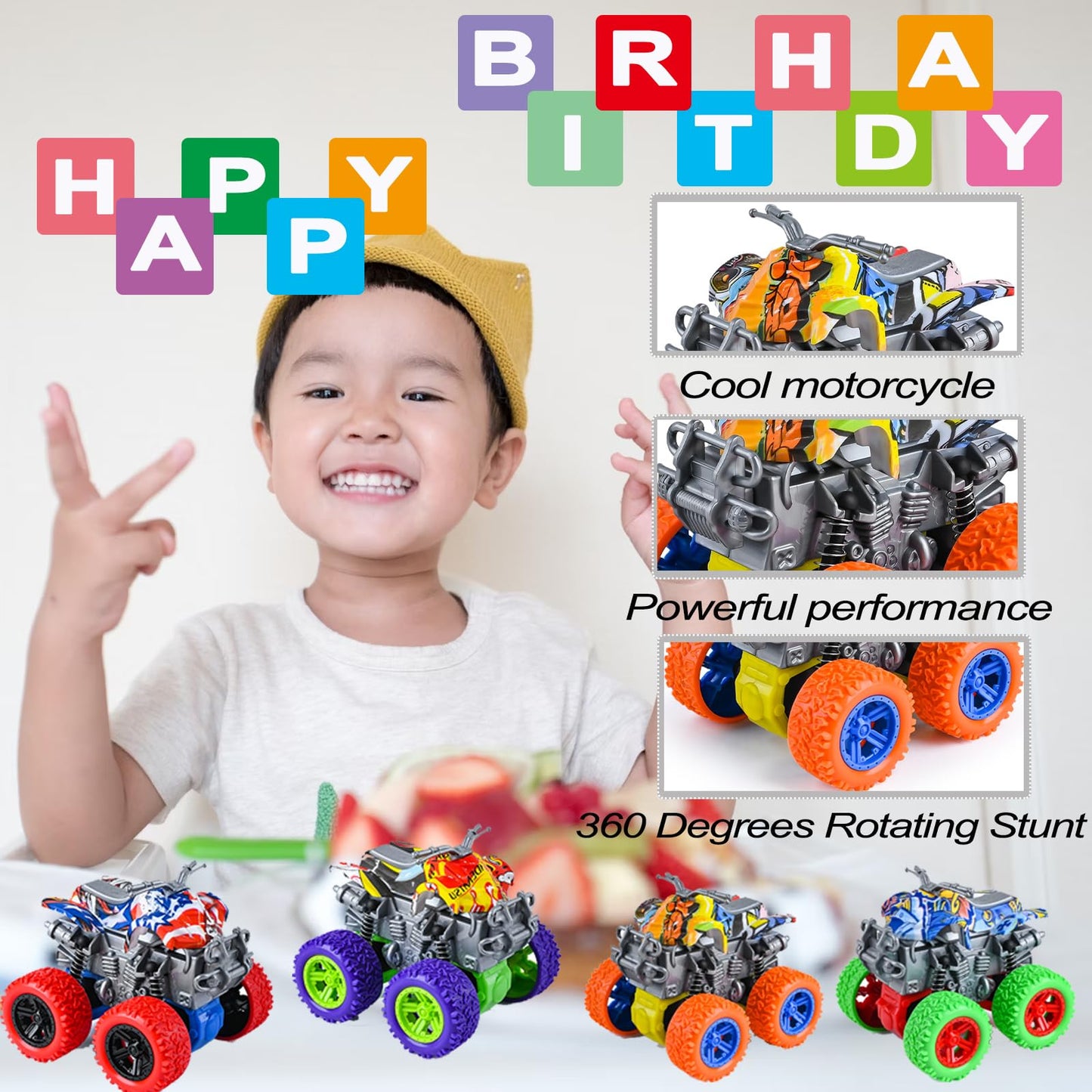 LEFEI Monster Truck Toys - 4 Pack Friction Powered Toy Motorcycle Cars Push and Go Car Truck Playset for Boys Girls Toddler Aged