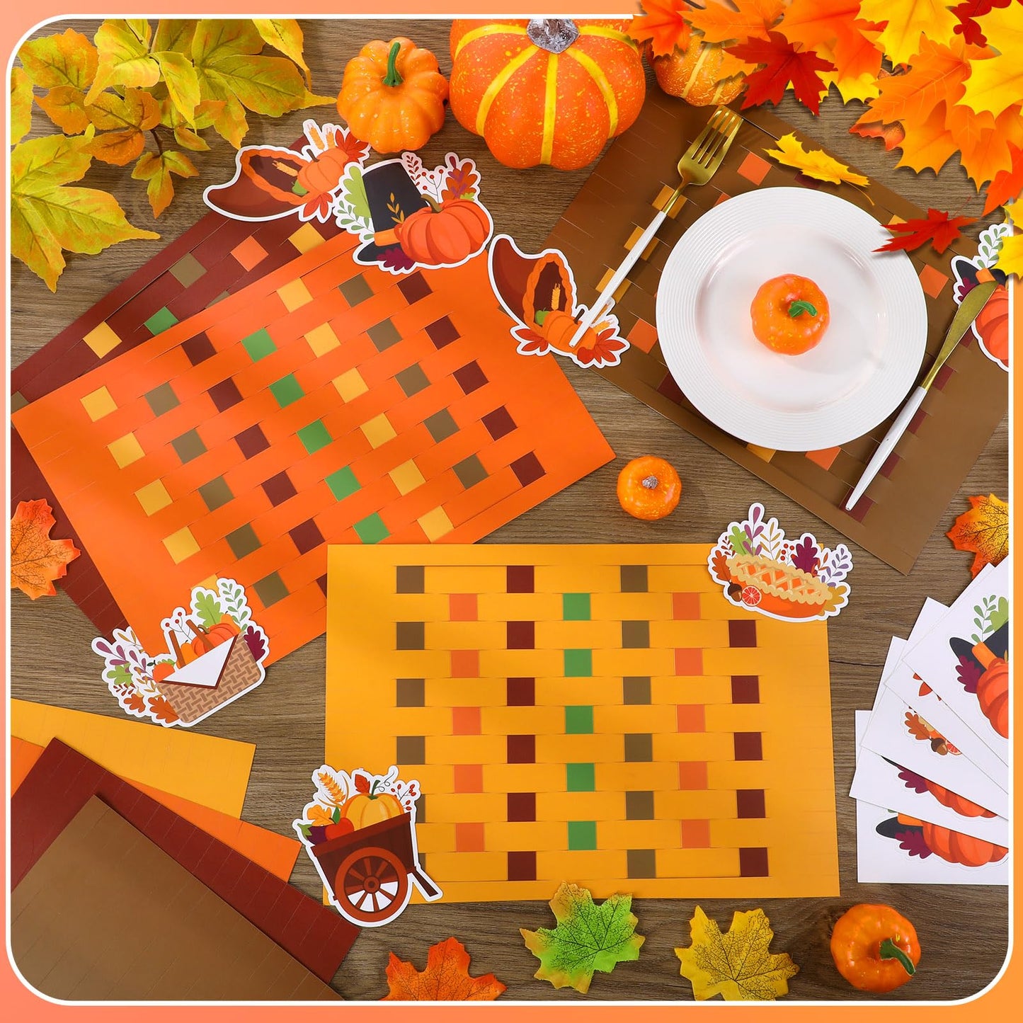 24 Sets Thanksgiving Crafts for Kids DIY Fall Pumpkin Placemat Turkey Maple Leaves Stickers Autumn Ornaments Paper Table Mats fo