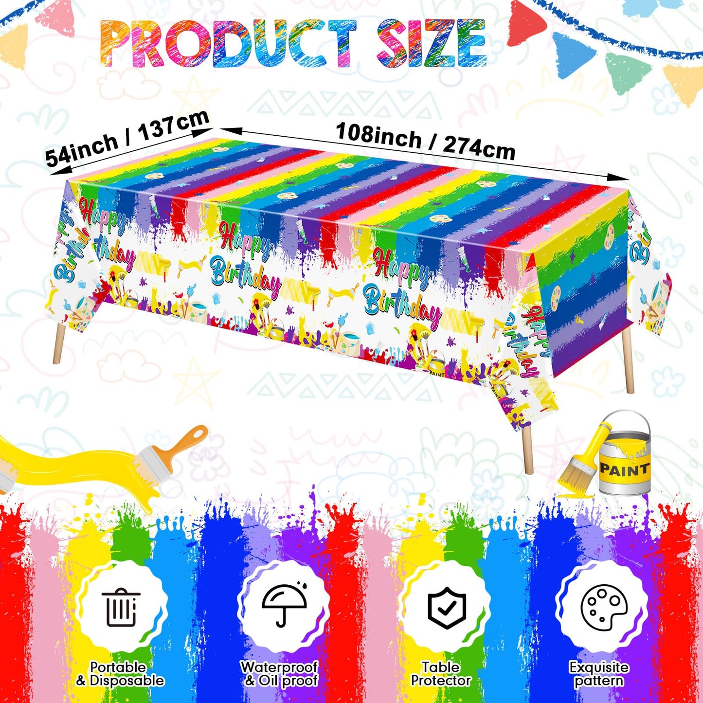 Zhehao 3 Pcs Art Paint Party Tablecloths Happy Birthday Table Cover Paint Splatter Table Cloth Disposable Plastic Art Party Deco