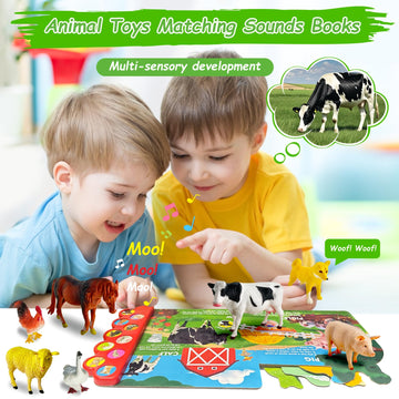 Igratens Farm Animals Figures Toys With Sound Books, 10Pcs Farm Animals For Toddlers & Animal Sound Books With 10 Buttons, Plast