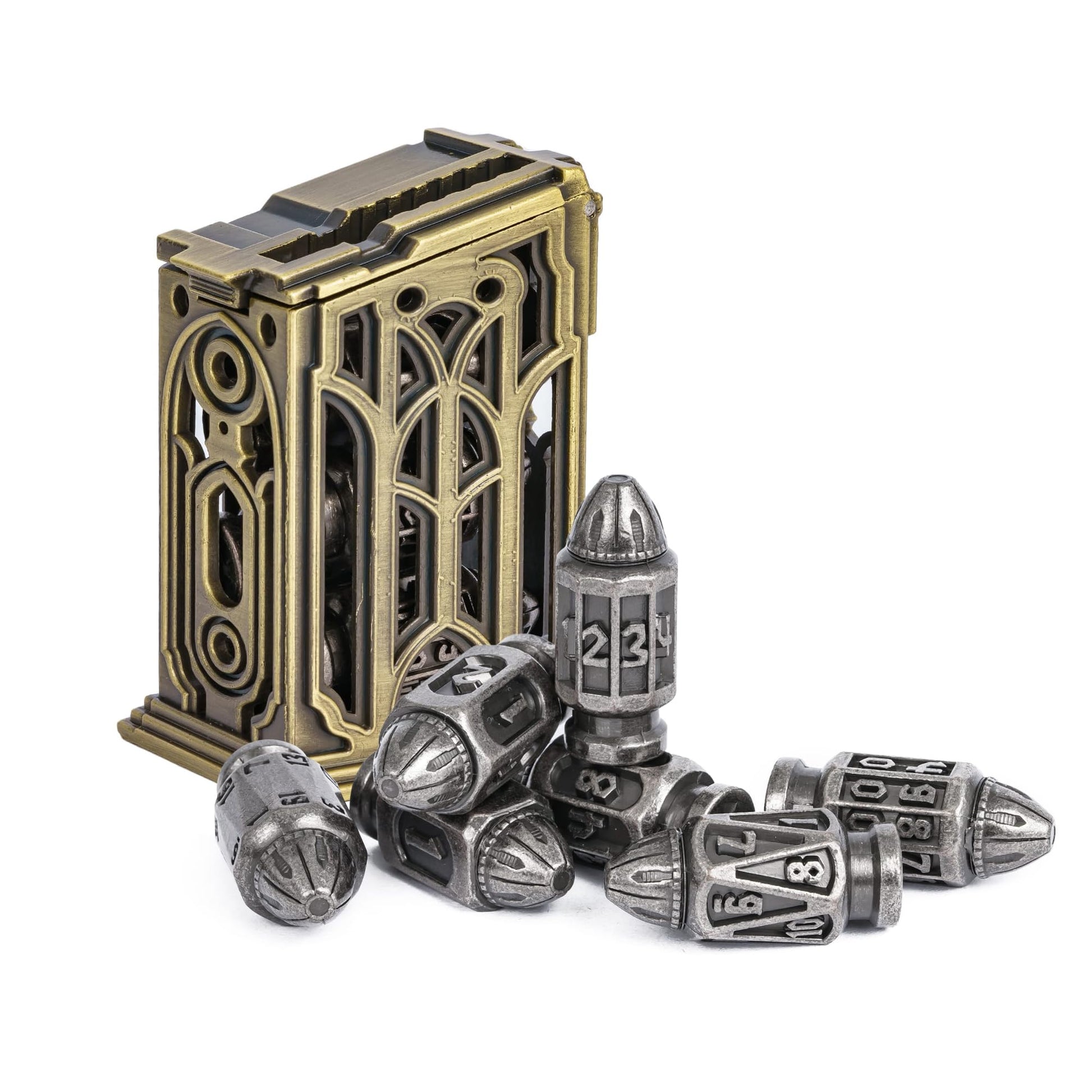 Udixi Metal Dnd Dice Set, 7-Die Bullet Polyhedral Dice Set Cool Style With Magazine Container For D&D, Role Playing Game Or Othe