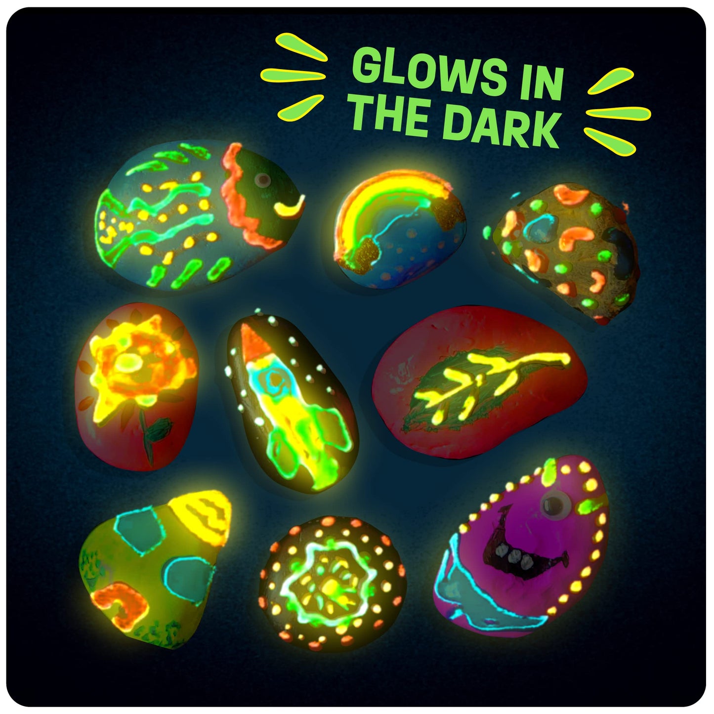 Dan&Darci Kids Rock Painting Kit - Glow in The Dark - Large Arts & Crafts Set for Ages 6-12 - Creative Gold, Silver, White Art Toys