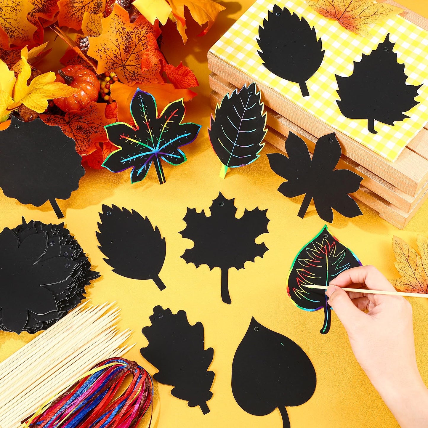 Hollowfly 80 Pcs Thanksgiving Fall Leaf Scratch Cards Autumn Maple Leaf Craft Kits Thanksgiving Party Supplies Colorful Scratch