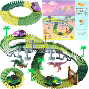 Toyli Dinosaur Race Track Set 182 Pieces, Dino Track Flexible Dinosaur Road Race Playset With Bridge, Ramps, Dinosaur Track Toy