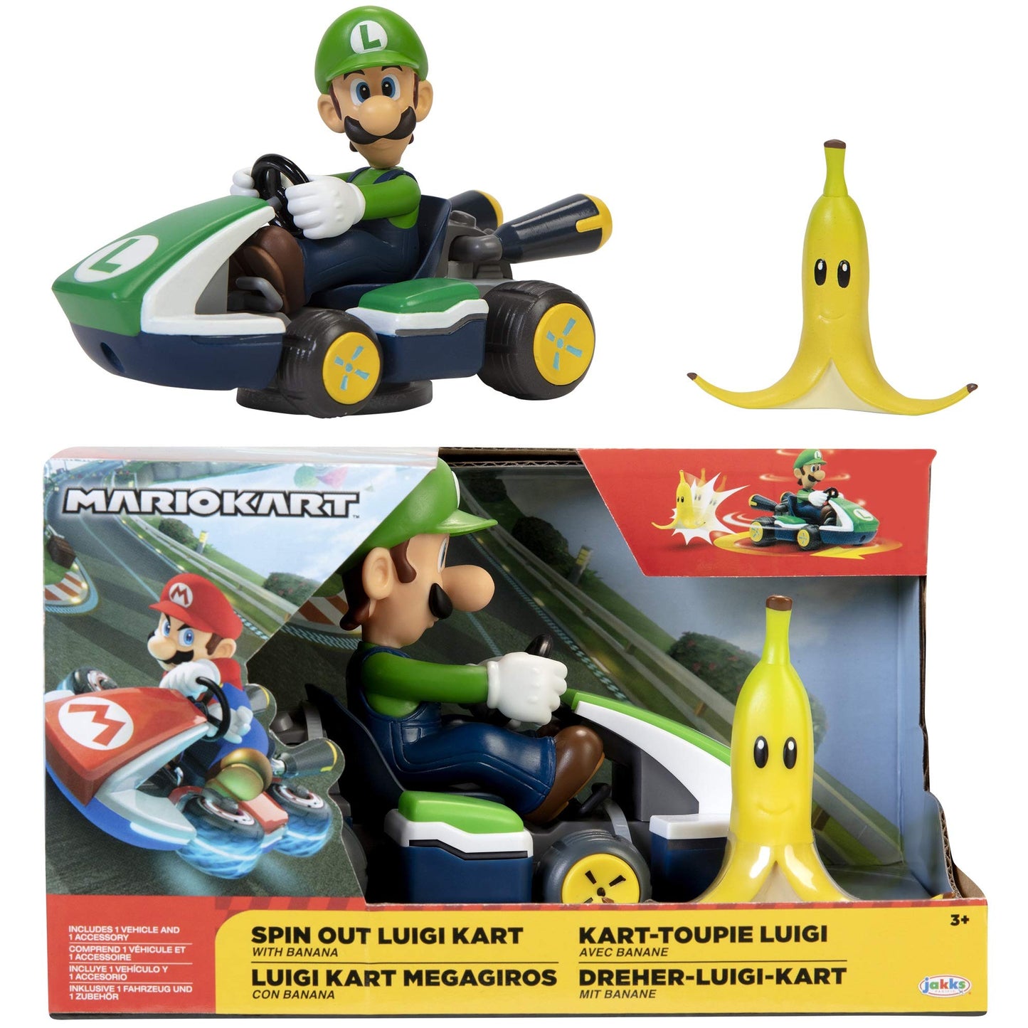 Super Mario Luigi Racer Vehicle - 360 Spins, Wind Up, 2.5" Action Figure, Medium, Plastic