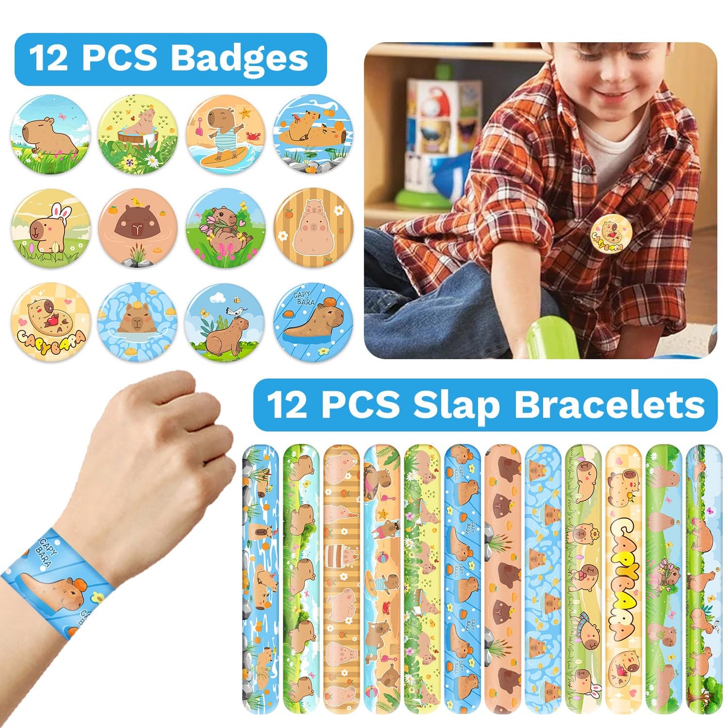 Lcnjscgo 98 PCS Capybara Party Favors, Capybara Temporary Tattoos, Slap Bracelets, Keychains, Stickers, and Badges for Kids Capy