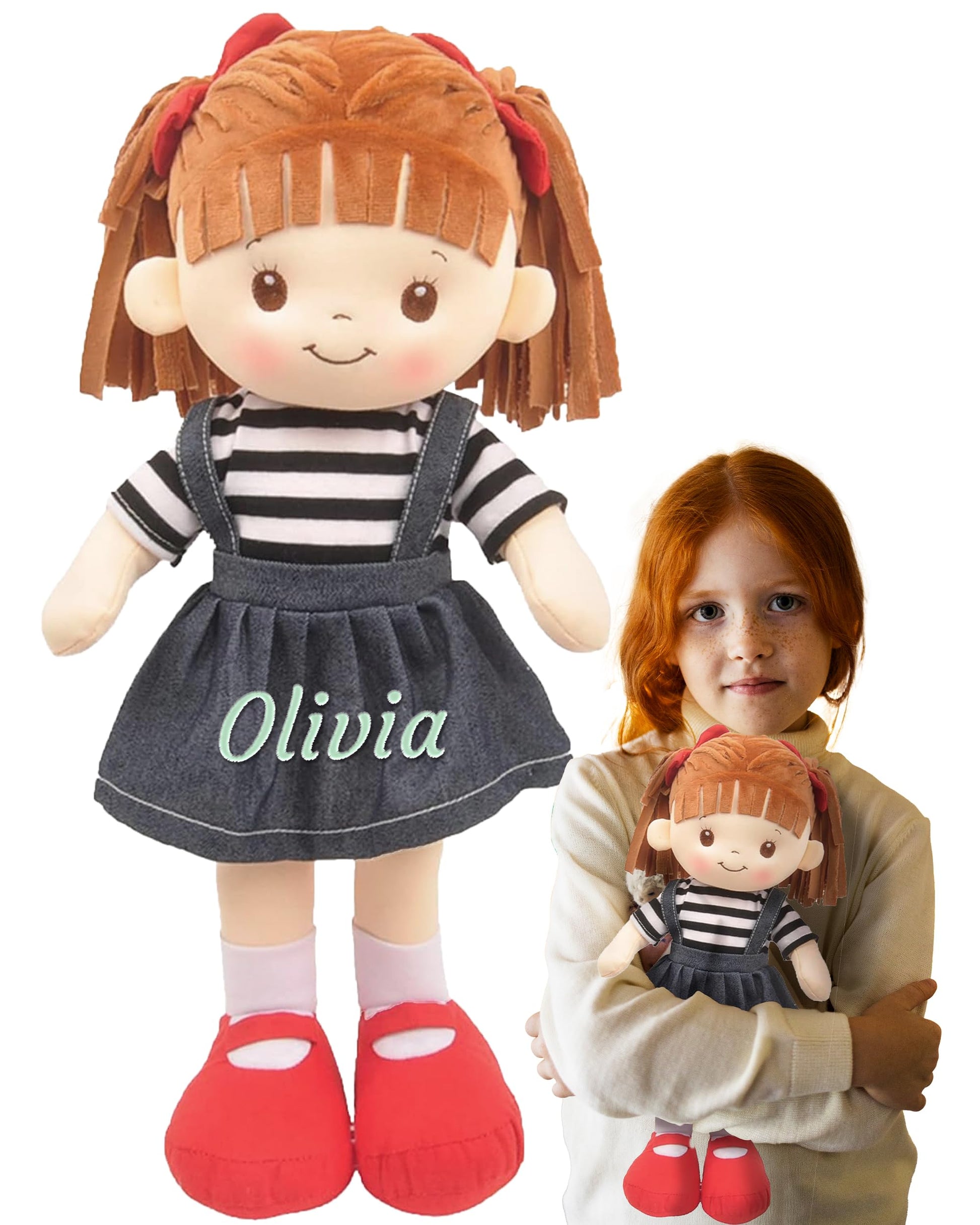 Personalized Rag Dolls for Girls - Custom 16 Inches Soft Plush Snuggle Baby Doll for Toddlers Stuffed Toys - Muecas de Trapo Personalizadas para Nias - Jean Skirt