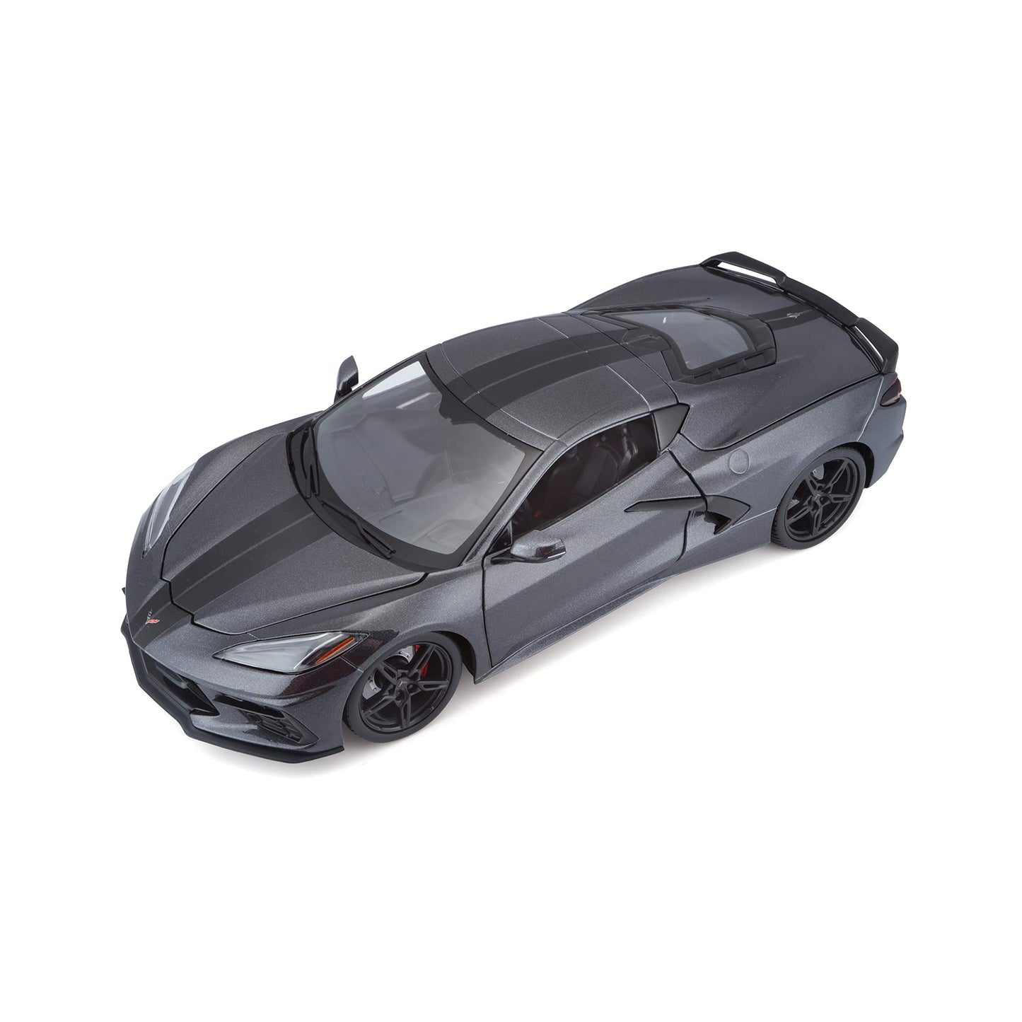 2020 Chevrolet Corvette Stingray C8 Dark Gray Metallic with Racing Stripes 1/18 Diecast Model Car by Maisto