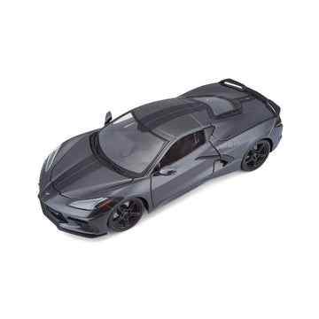 2020 Chevrolet Corvette Stingray C8 Dark Gray Metallic with Racing Stripes 1/18 Diecast Model Car by Maisto
