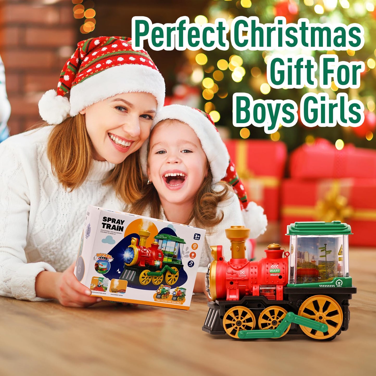 Electric Steam Train Toy For Toddlers 3-5,Bump And Go Truck W/Steam Locomotive,Smoke,Light & Sound, 360 Rotation Christmas Train