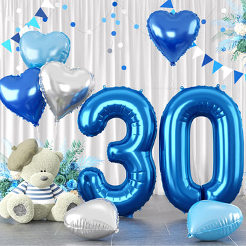 Biapian 40 Inch Blue Number 30 Balloons, 8Pcs Large Foil Number 3 & 0 Balloons With 18'' Blue Silver Heart Shape Balloon For 30T