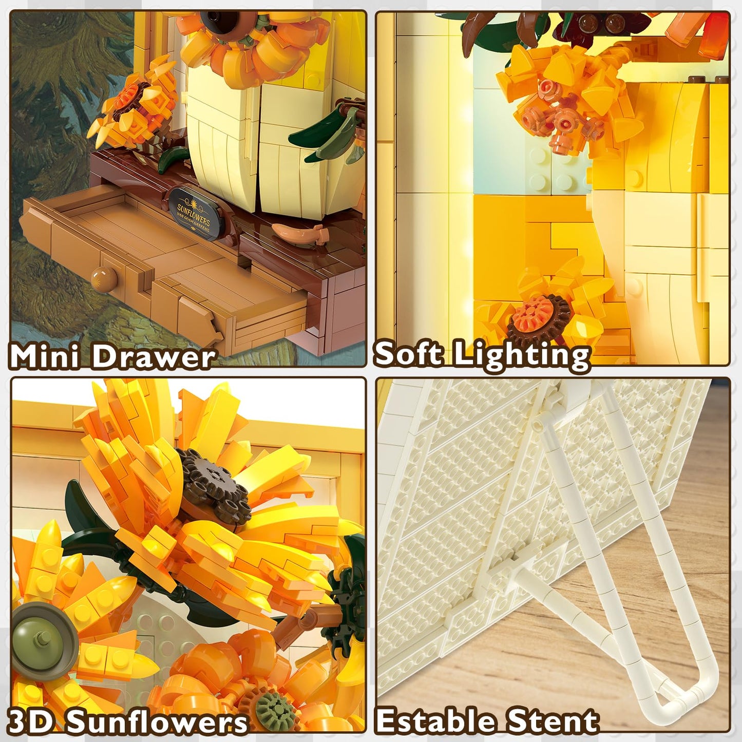 JMBricklayer Flowers Sunflower Building Sets for mature-themed with Lights 70004  Van Gogh Wall Art Crafts Ideas Flower Bouquet  Painting Frame Room Decor  Thanksgiving Christmas Birthday Gifts for Women Girl