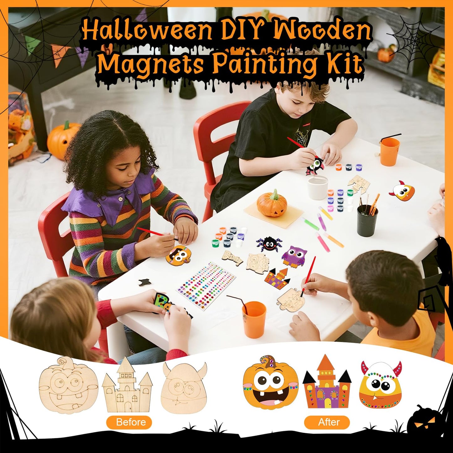 Bafeil 24 Pcs Halloween DIY Wooden Magnets to Paint, Halloween Glow in The Dark Wood Painting Crafts, Fridge Magnets Craft Kits