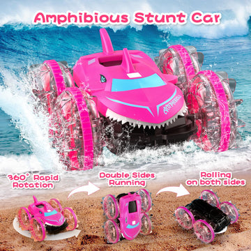 Axirata Amphibious RC Car with Lights for Kids 6-12 Year Old Girls Toy Gesture Hand Remote Control Boat 4WD 2.4GHz Waterproof RC