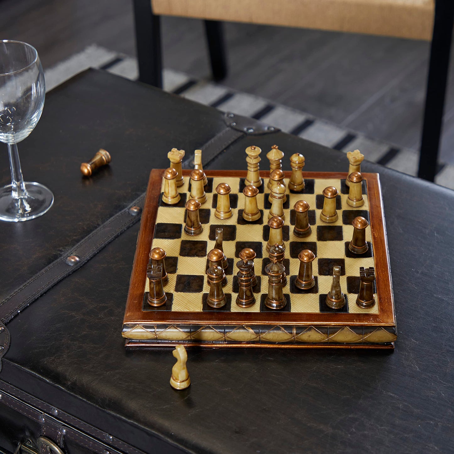 Deco 79 Polystone Chess Game Set, 10' X 10' X 3', Brown