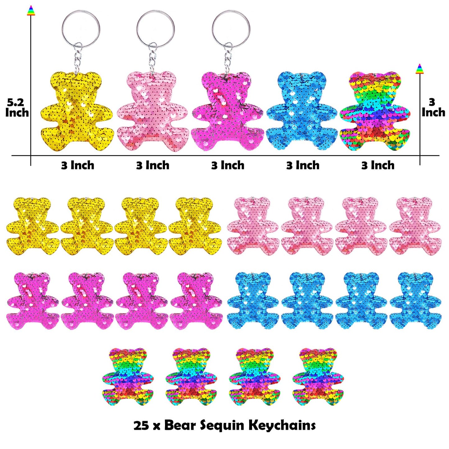 CiciBear 25 Pack Bear Sequin Keychains for Jungle Themed Party Favors, Bear Animal lover, Adults Birthday Gift, Party, 5 Colors