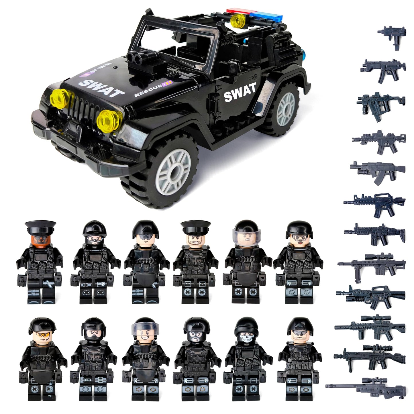 Toysvill SWAT Military Police Building Block Set for Kids | SUV + Soldiers Minifigures (12 PCS) with  and Accessories Gift
