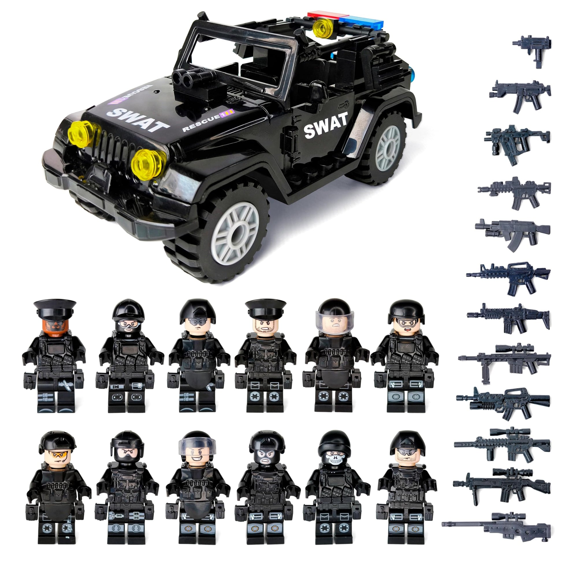 Toysvill SWAT Military Police Building Block Set for Kids | SUV + Soldiers Minifigures (12 PCS) with  and Accessories Gift
