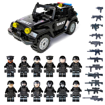 Toysvill SWAT Military Police Building Block Set for Kids | SUV + Soldiers Minifigures (12 PCS) with  and Accessories Gift