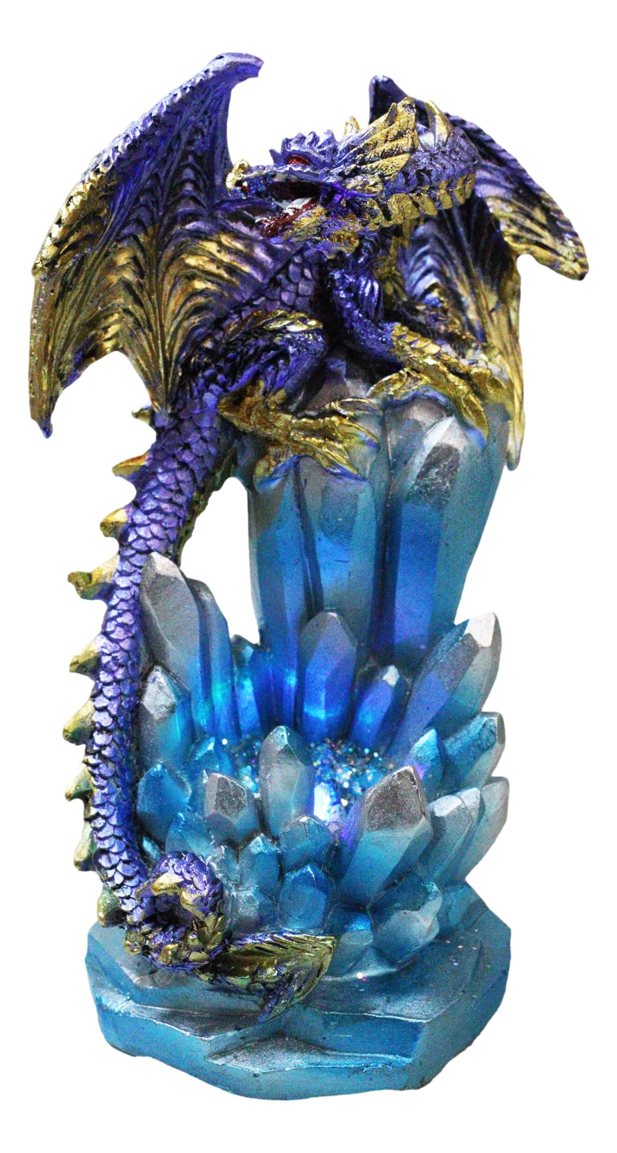 Ebros 6.25' Tall Purple And Gold Cosmic Galaxy Dragon On Blue Crystal Stalactite Rock Statue With Led Night Light Feature As Dungeons And Dragons Fantasy Decor Accent Figurine