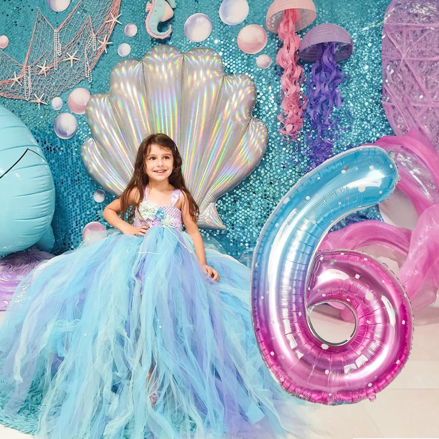 40 Inch Balloon Number 6 Blue Pink, Large Foil Mermaid 6 Balloons Number For Women, Starry Rainbow Globos De Numero 6 Helium Bal