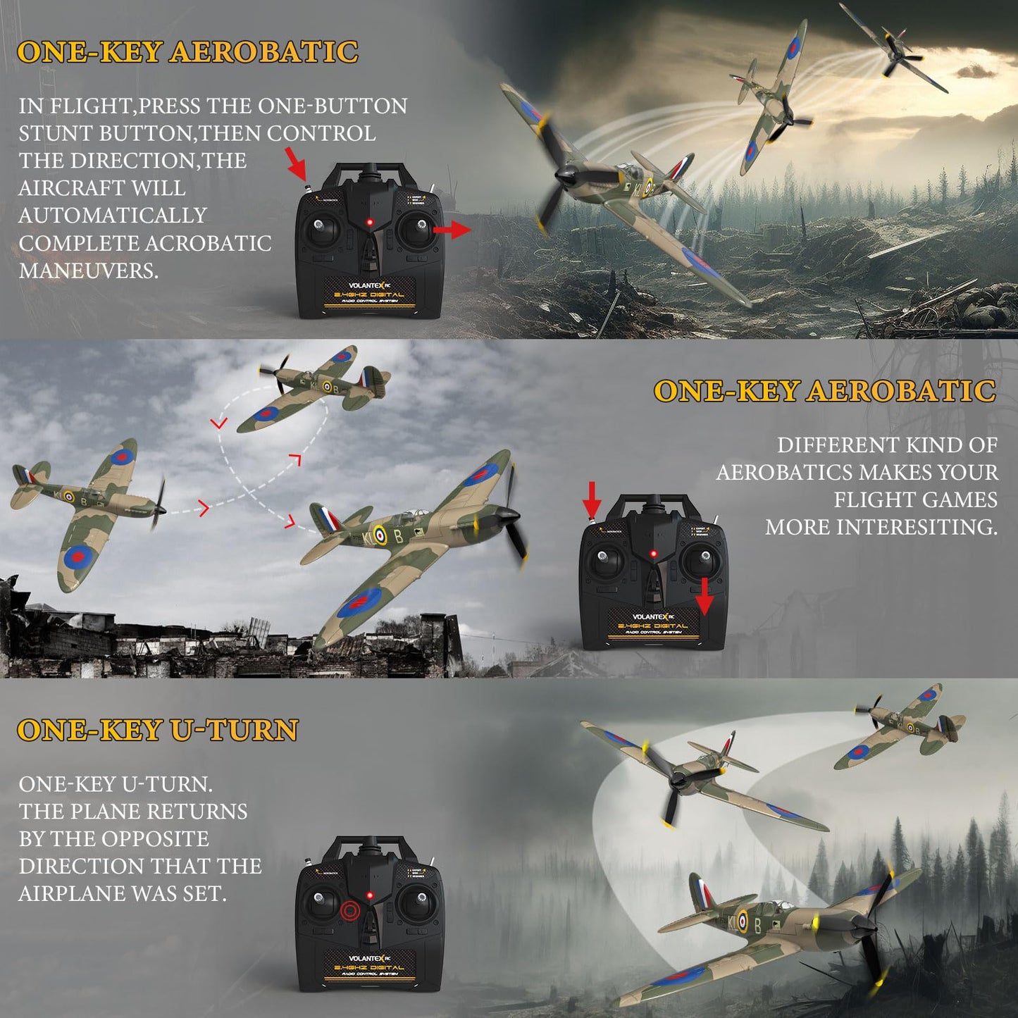 GLUISEUR Remote Control Aircraft Plane, Spitfire RC Plane with 3 Modes for Easy U-Turns and Control for Adults & Kids