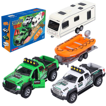 G.C 4 Pack Pickup Truck Trailer Toys for Boys&Girls Kids Toy Camper Boat Diecast Truck Vehicle 1:36 Scale Pull Back Metal Car To