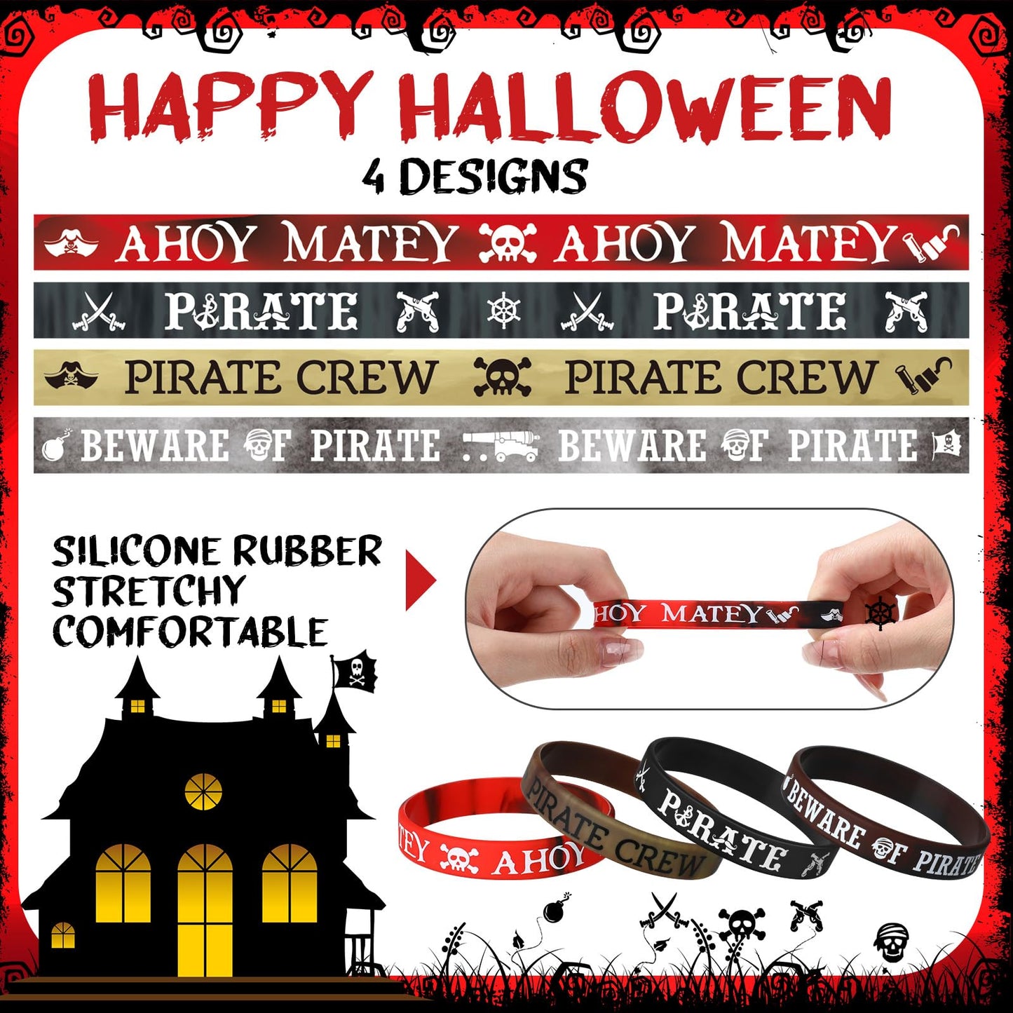 Capoda 48 Pcs Pirate Silicone Bracelets Ahoy Matey Caribbean Rubber Wristbands Skull Pirate Ship Party Favors for Girls Boys Bir