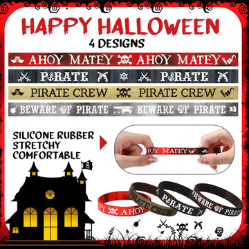 Capoda 48 Pcs Pirate Silicone Bracelets Ahoy Matey Caribbean Rubber Wristbands Skull Pirate Ship Party Favors for Girls Boys Bir