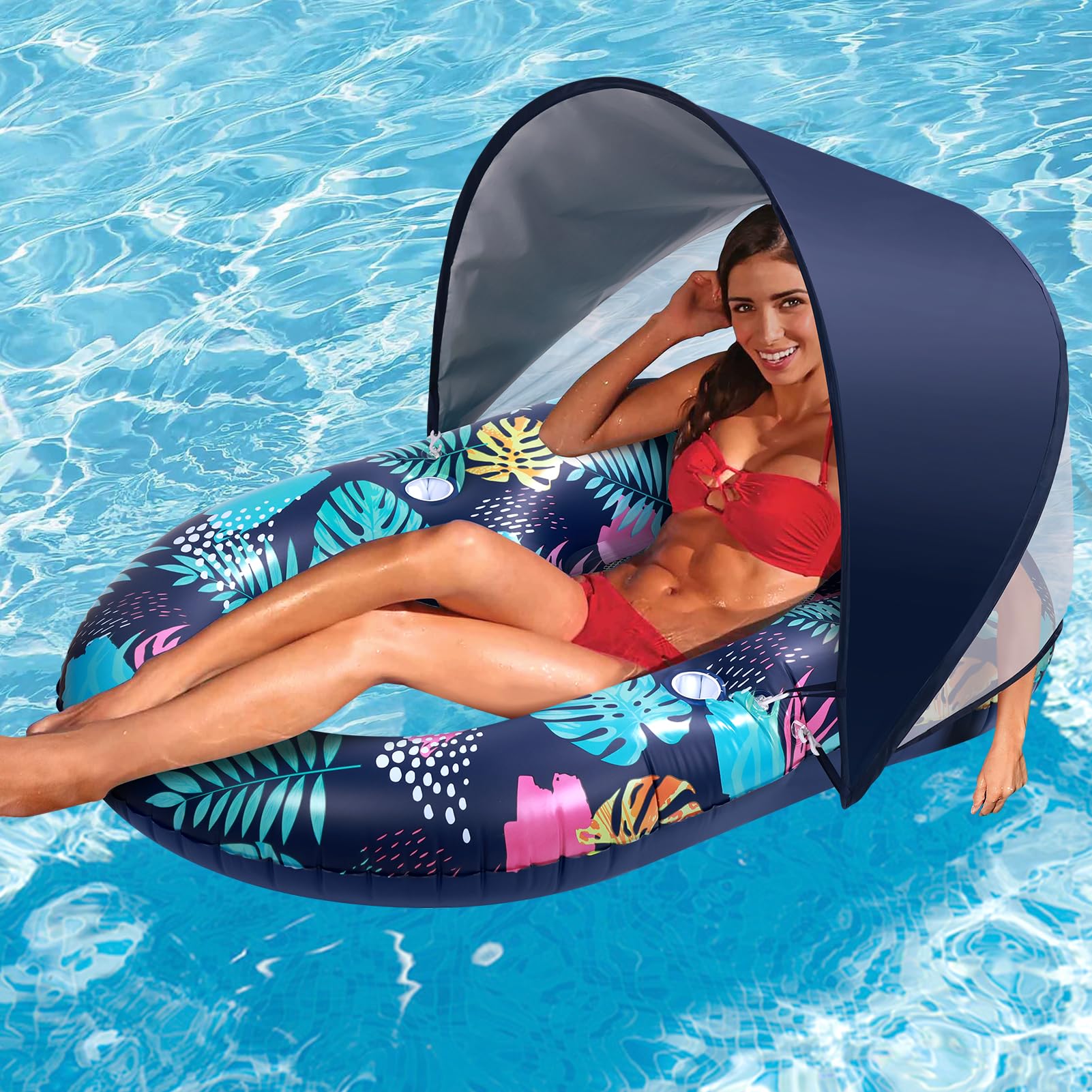 Hatisan Inflatable Pool Floats with Canopy and Cup Holder for Adult Teen Tanning Pool Lounger Floats Sun Tan Tub Raft Lounge Flo