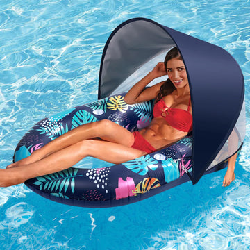 Hatisan Inflatable Pool Floats with Canopy and Cup Holder for Adult Teen Tanning Pool Lounger Floats Sun Tan Tub Raft Lounge Flo