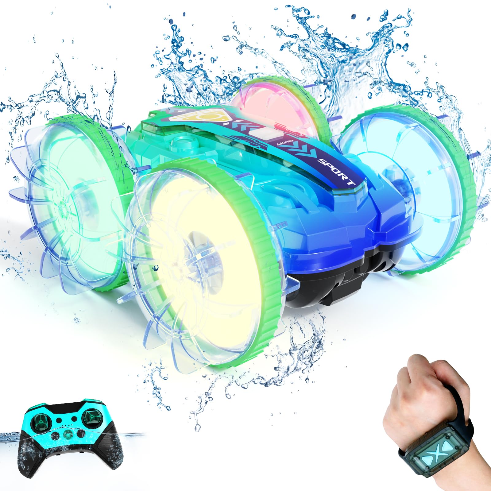 28C Amphibious Remote Control Car, 4WD Waterproof RC Stunt Car Toys with LED Lights, 360Rotation RC Boat Water Beach Pool Toys f