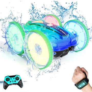 28C Amphibious Remote Control Car, 4WD Waterproof RC Stunt Car Toys with LED Lights, 360Rotation RC Boat Water Beach Pool Toys f