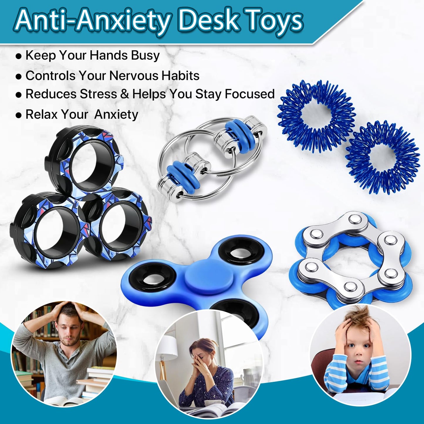 Dr.Kbder Fidget Toys Adults Pack 6Pcs, Edc Fidgeting Game For Kids Teen Cool Mini Gadget Desk Toys Figette Spinner Figits Rings Classroom Adhd Stress Anxiety Relief Toy Unique Gift For Boys Girls-Blue
