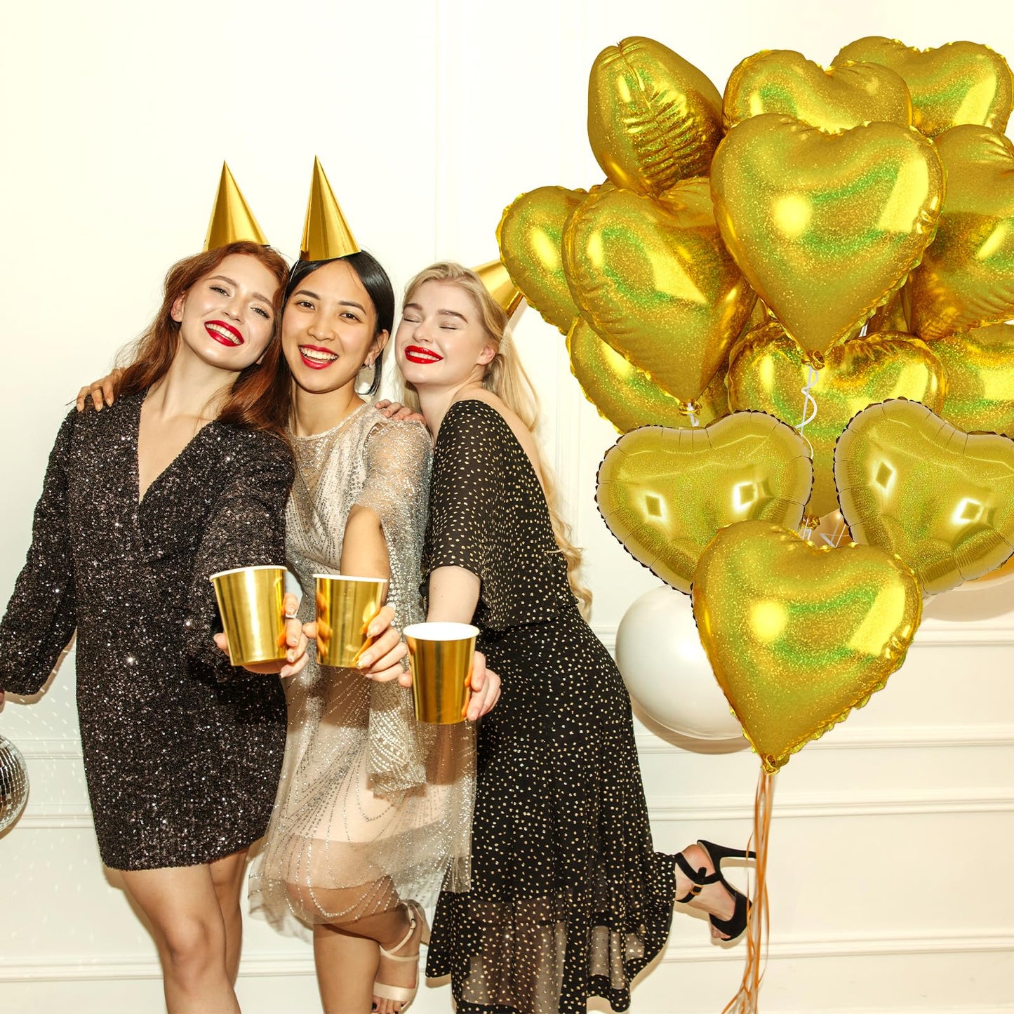 Biapian Gold Heart Balloons, 10Pcs Glitter Gold Heart Shape Balloons Foil, 18Inch Valentines Love Balloons Helium For Valentines