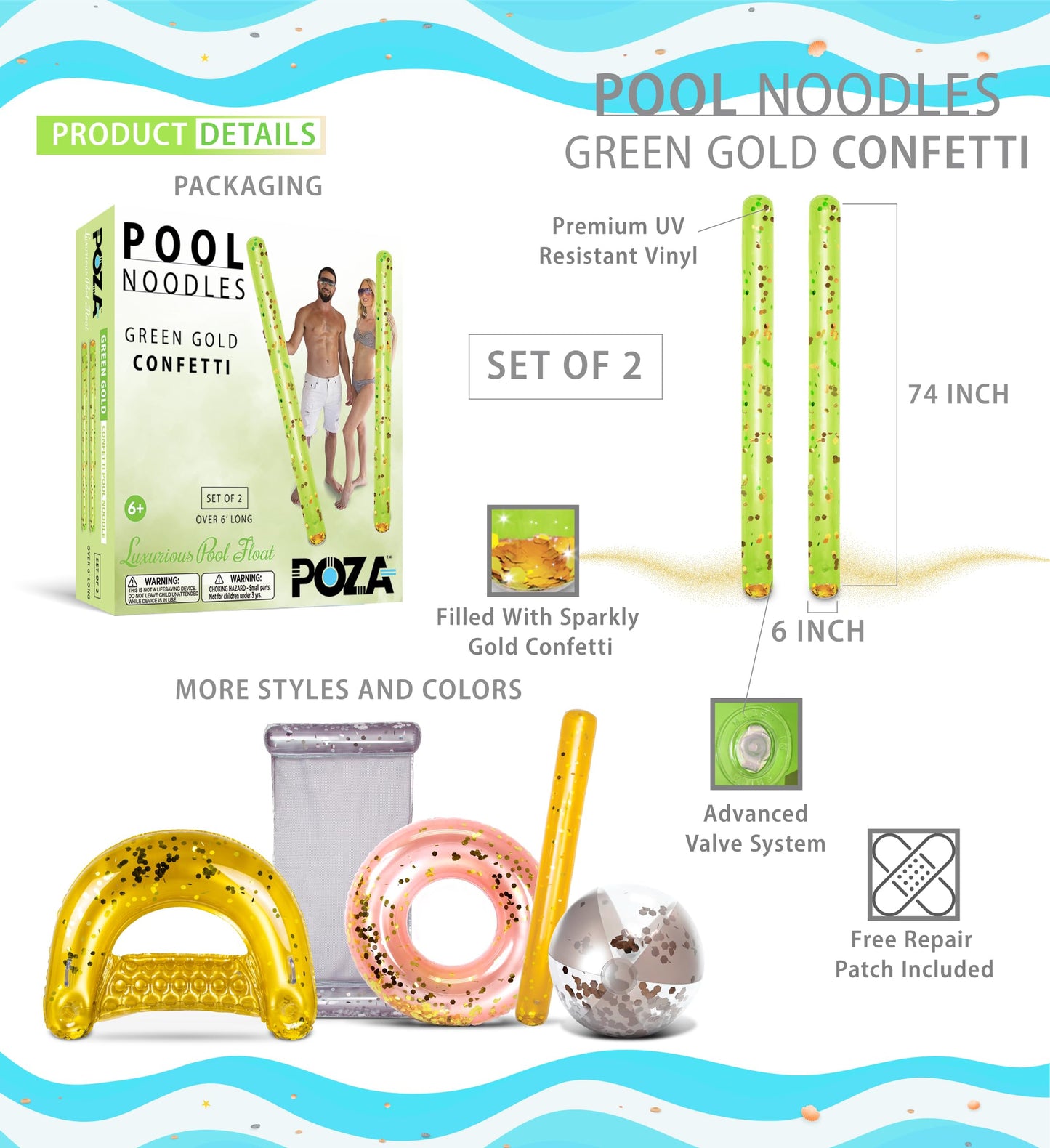 POZA 2 Pack of Inflatable Jumbo Pool Noodles - 74-Inch enhanced and elegant Giant Inflatable Sparkly Gold Glitter Confetti Pool Float Swim Noodles  Inflatable Noodles for Pool - Green and Gold