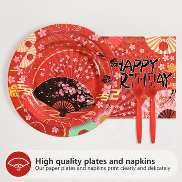 Grencian 96 Pcs Hibachi Party Decorations Folding Fans Birthday Party Supplies Disposable Japanese Fans Paper Plates Tableware f