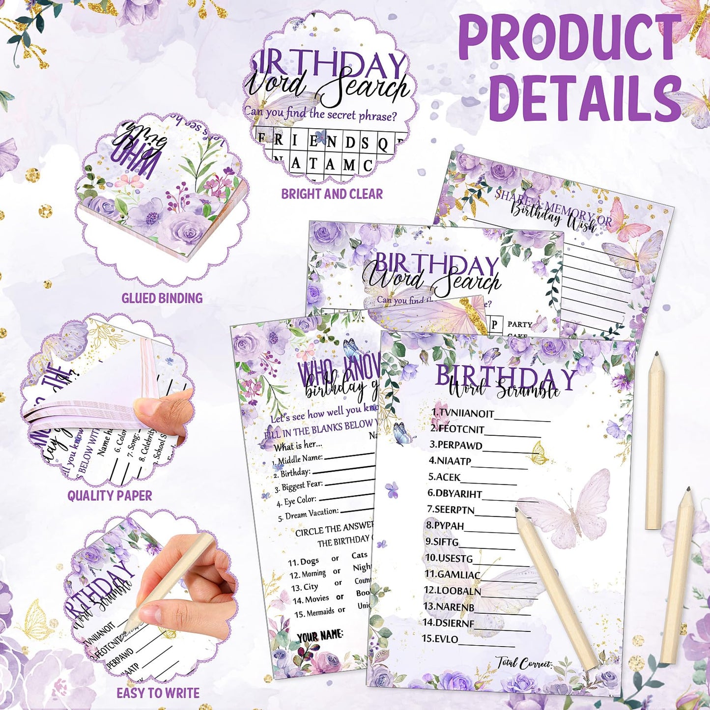 Fumete Birthday Party Games & Activities 100 Pcs Who Knows The Girl Game with 20 Pencils Girly Birthday Cards Set for Teens Swee