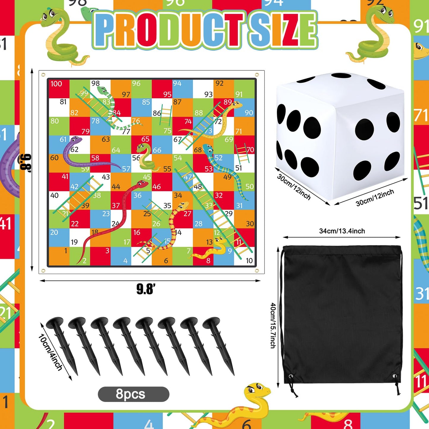 Realspring 9.8 Ft Giant Snakes And Ladders Game Playing Mat With 6 Nails 14 Inch Inflatable Dice And Storage Bag Floor Snake And