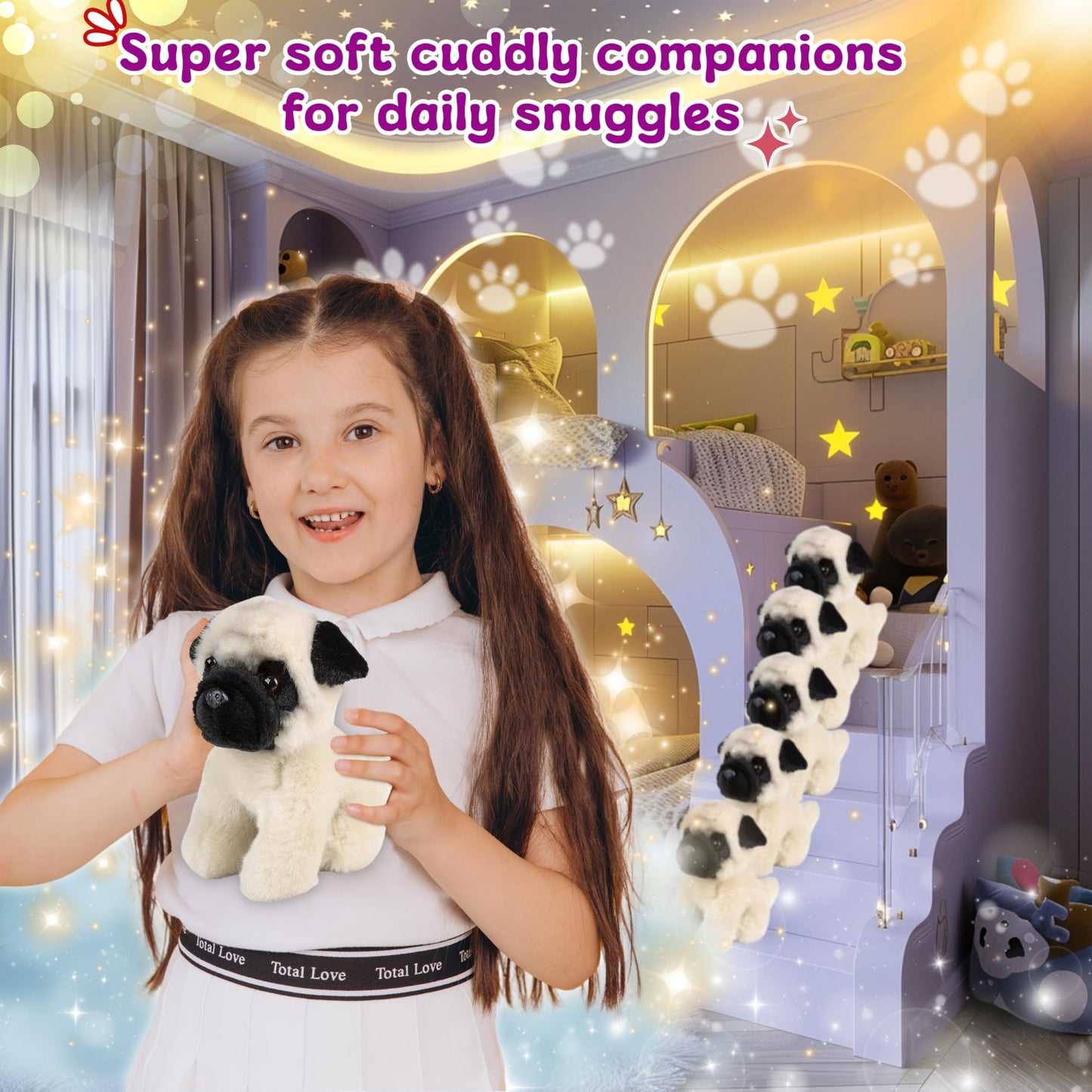 Forest & Twelfth 6'' Stuffed Pug Dog, Soft Plush Toy, Cute Stuffed Animal For Boys And Girls, Realistic Looking Small Stuffed An